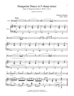 page one of Hungarian Dance No. 5 (Cello and Piano)