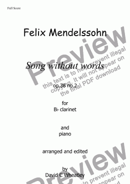 page one of Mendelssohn - Song without words op 38 no 2 for clarinet in Bb and piano