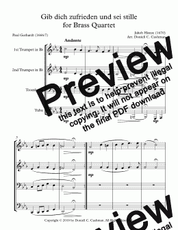 page one of Gib dich zufrieden und sei stille for Brass Quartet - Full Score