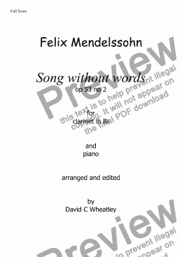 page one of Mendelssohn - Song without words op 53 no 2 for clarinet in Bb and piano