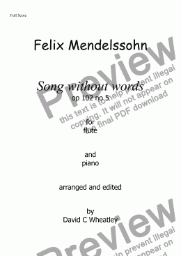 page one of Mendelssohn - Song without words op102 no 5 for flute and piano