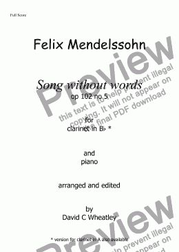 page one of Mendelssohn - Song without words op102 no 5 for clarinet in Bb and piano
