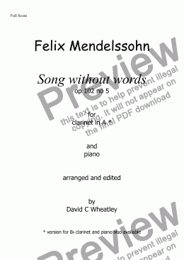 page one of Mendelssohn - Song without words op102 no 5 for clarinet in A and piano