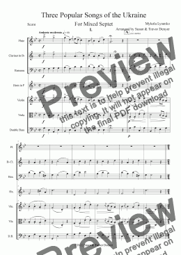 page one of Three Popular Songs of the Ukraine - Lysenko - Mixed Septet - Score