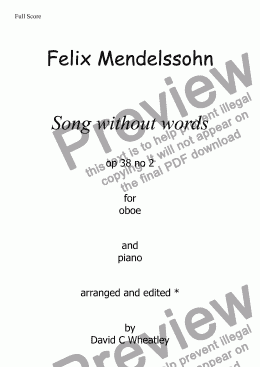 page one of Mendelssohn - Song without words op 38 no 2 for oboe and piano
