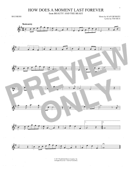 page one of How Does A Moment Last Forever (from Beauty and the Beast) (Recorder Solo)