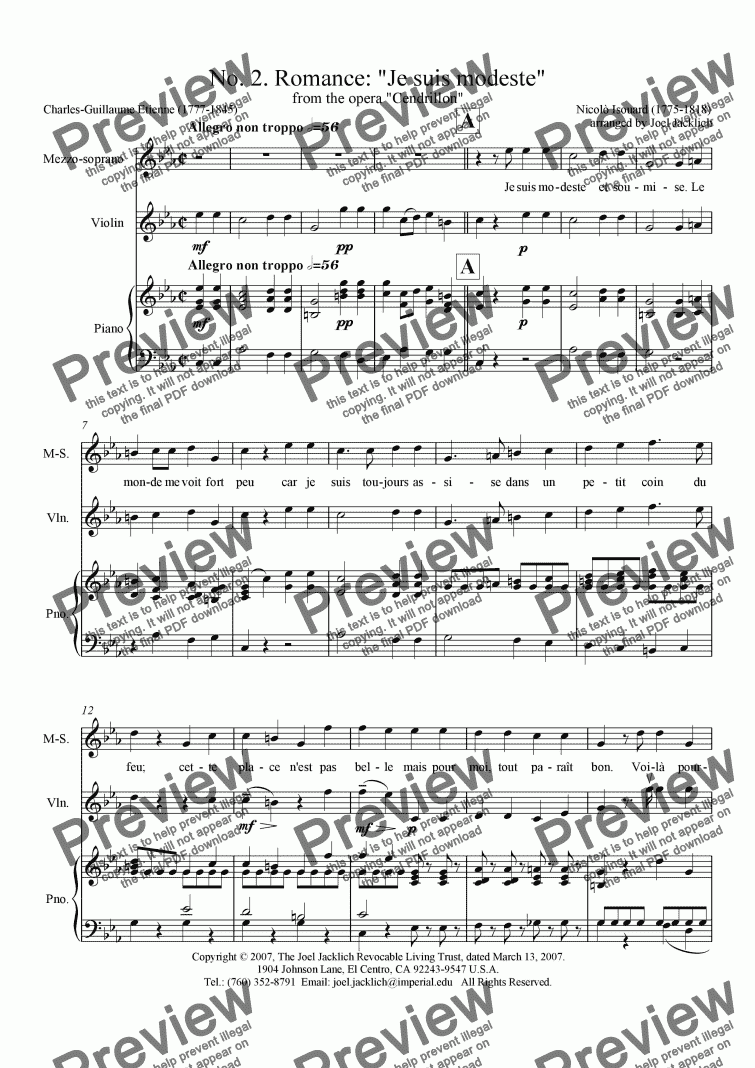 page one of No.2. Romance: Je suis modeste (from Cendrillon) arr. for voice, violin, and piano