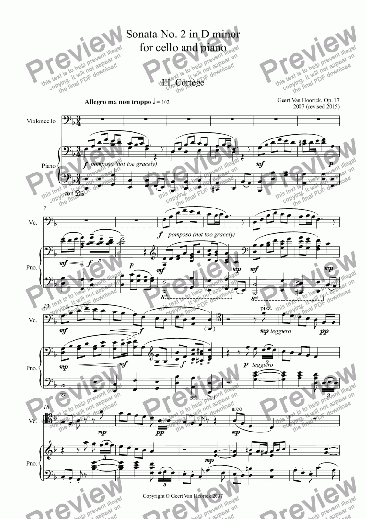 page one of Sonata No. 2 in D minor for cello and piano, Op. 17 - III. Cortège