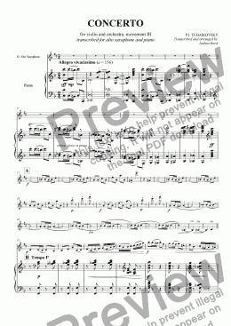 page one of <B>TCHAIKOVSKY</B> Concerto for Violin and orchestra; transcribed for Alto Saxophone and Piano