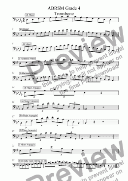 page one of Trombone Grade 4 Scales and Arpeggios (Bass Clef) ABRSM format