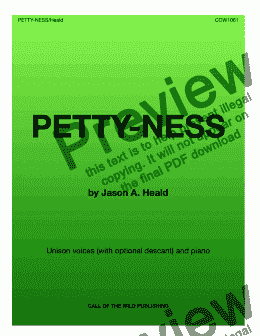 page one of "Petty-ness " for unison/2-part voices and piano