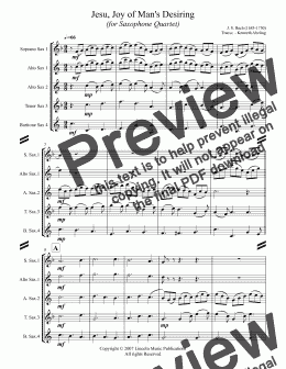 page one of Bach - Jesu, Joy of Man's Desiring (for Saxophone Quartet SATB or AATB)