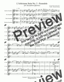 page one of Bizet - L'Arl̩sienne Suite No. 2 - Farandole (for Saxophone Quartet SATB)