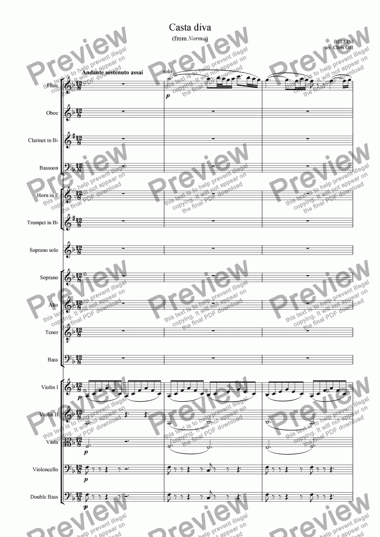 page one of Casta Diva (from Norma) arranged for soprano, optional choir and small orchestra