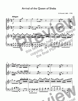 page one of Handel - Arrival of the Queen of Sheba duet for 2 trumpets C & piano