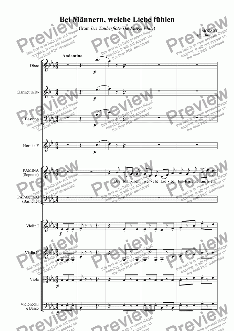 page one of Bei M�nnern, welche Liebe f�hlen (from Die Zauberfl�te/The Magic Flute) arranged for soprano, baritone and small orchestra