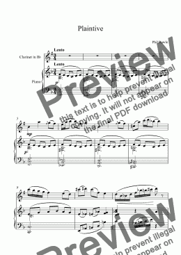page one of Plaintive - Clarinet and Piano