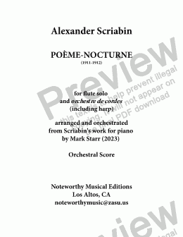 page one of SCRIABIN-STARR, Poème-Nocturne, for solo flute, orchestre de cordes (with harp) Opus 61