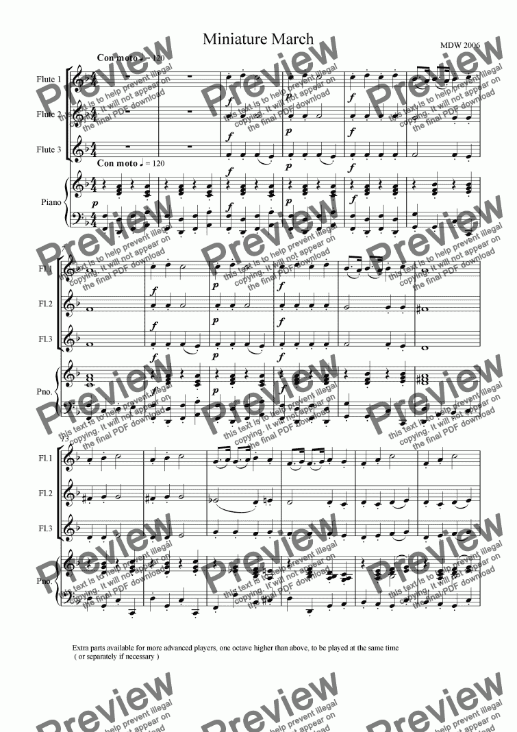 page one of Miniature March for easy flute trio and piano