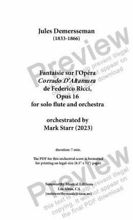 page one of DEMERSSEMAN-STARR Fantaisie sur l'Opera Corrado D'Altamura de Federico Ricci, for solo flute and orchestra 