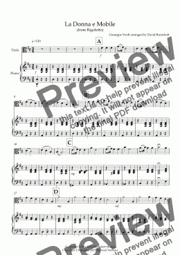 page one of La Donna e Mobile (from Rigoletto) for Viola and Piano