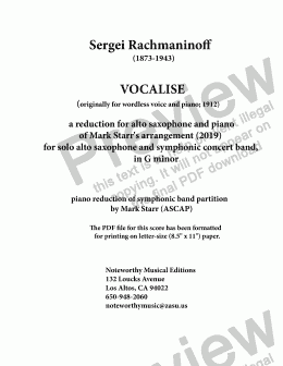 page one of RACHMANINOFF-STARR, Vocalise, arranged for alto saxophone and piano by Mark Starr