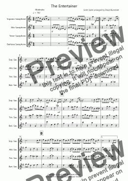 page one of The Entertainer for Saxophone Quartet