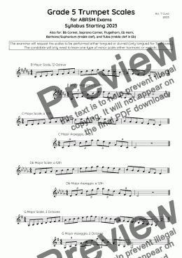 page one of Trumpet Scales Grade 5. For the new ABRSM Syllabus from 2023.