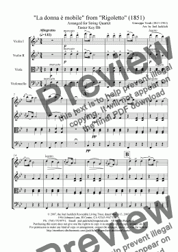 page one of La donna e mobile (for string quartet) Easier Key Bb