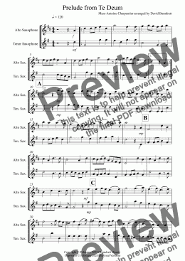 page one of Prelude from Te Deum for Alto and Tenor Saxophone Duet