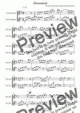 page one of Shenandoah for Alto and Tenor Saxophone Duet