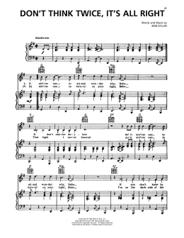 page one of Don't Think Twice, It's All Right (Piano, Vocal & Guitar Chords (Right-Hand Melody))