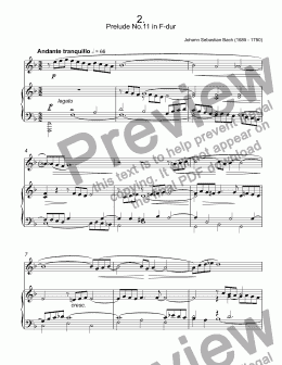 page one of Bach - Prelude No.11 in F-dur, BWV 880 from ''The Well-Tempered Clavier'' for trumpet C & piano