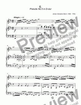 page one of Bach - Prelude No.5 in D-dur, BWV 874 from ''The Well-Tempered Clavier'' for trumpet C & piano