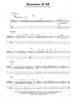 page one of Summer Of '69 (Easy Bass Tab)