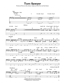 page one of Tom Sawyer (Easy Bass Tab)