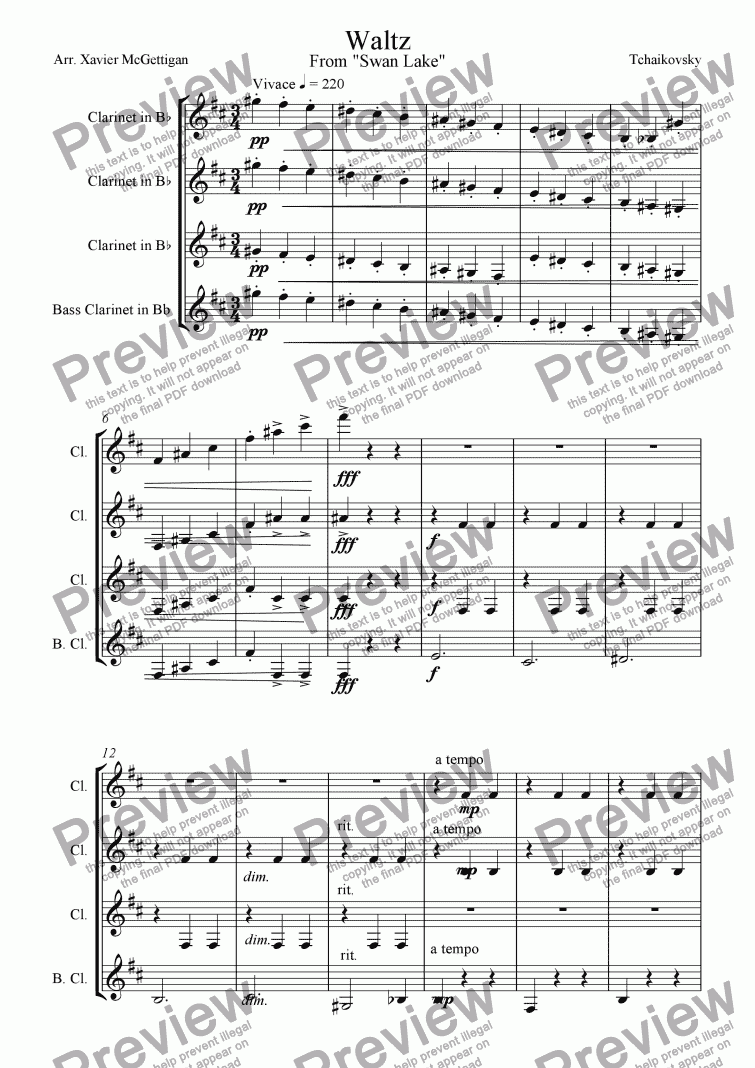 page one of Waltz From Swan Lake (Clarinet Quartet)