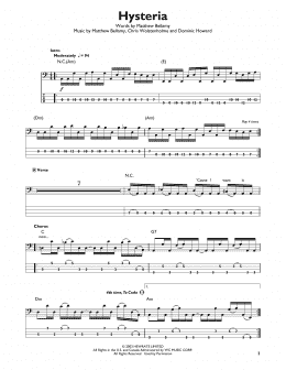 page one of Hysteria (Easy Bass Tab)
