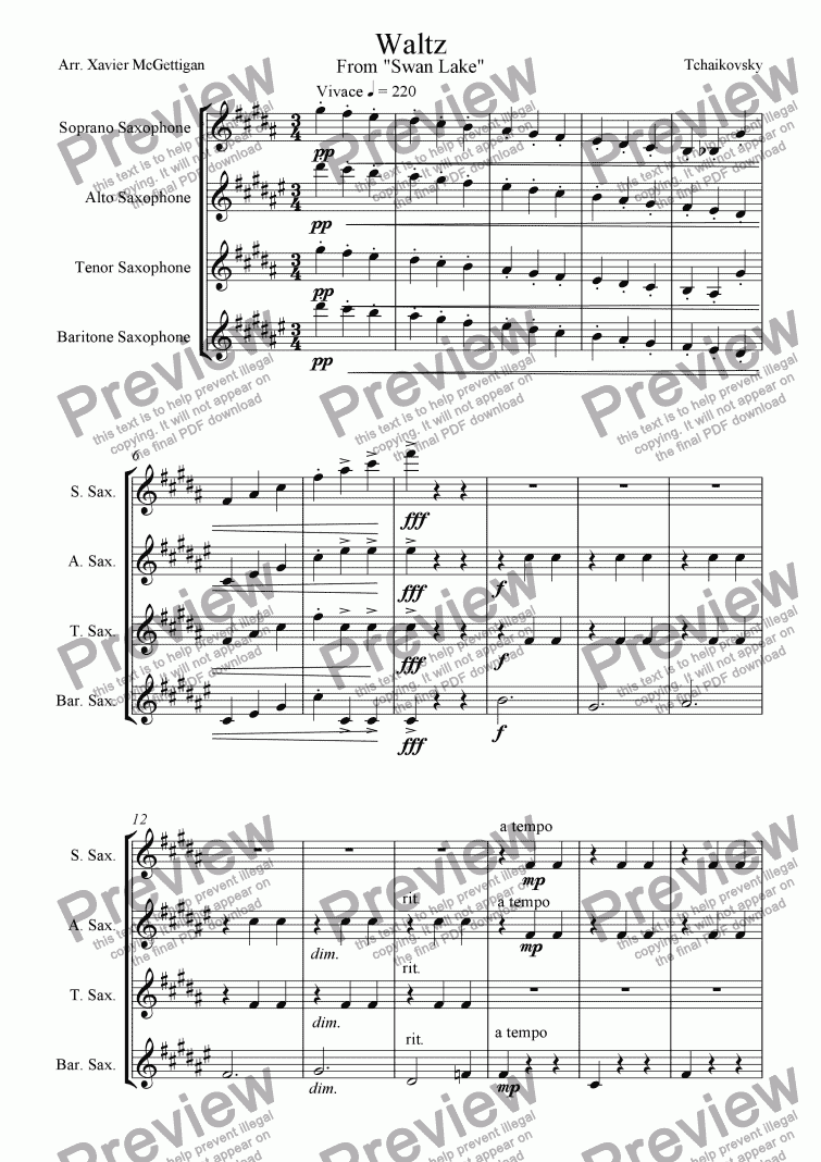 page one of Waltz From Swan Lake (Saxophone Quartet)