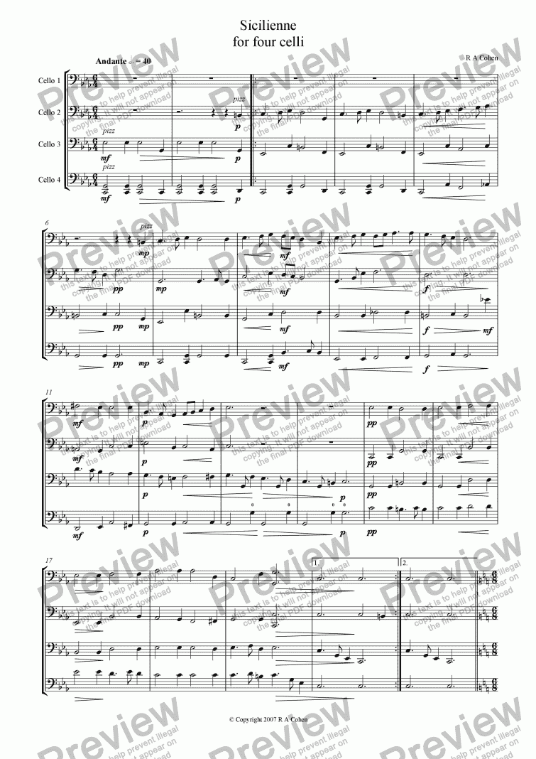 page one of SICILLIENNE - for cello quartet