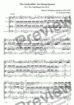 page one of "Die Zauberflöte" for String Quartet, Nr.2 "Der Vogelfänger bin ich ja"