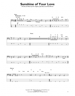 page one of Sunshine Of Your Love (Easy Bass Tab)