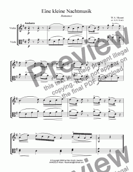 page one of Romance from Eine kleine Nachtmusik for violin and viola duo