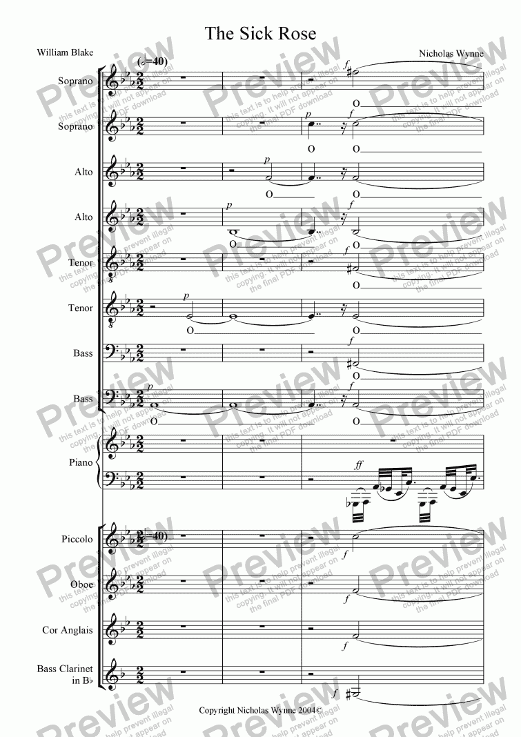page one of The Sick Rose: for 8 part choir and piano quintet