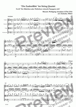 page one of "Die Zauberflöte" for String Quartet, Nr.20 "Ein Mädchen oder Weibchen wünscht Papageno sich"