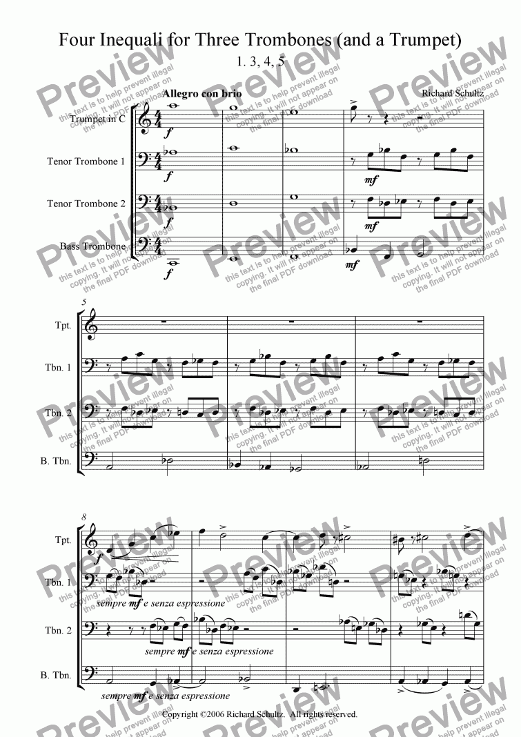 page one of Four Inequali for Three Trombones (and a Trumpet):  I.  3, 4, 5