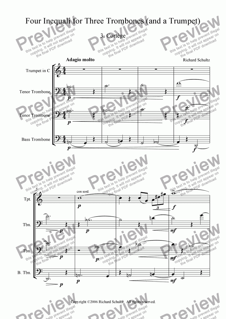 page one of Four Inequali for Three Trombones (and a Trumpet):  III.  Cort�ge