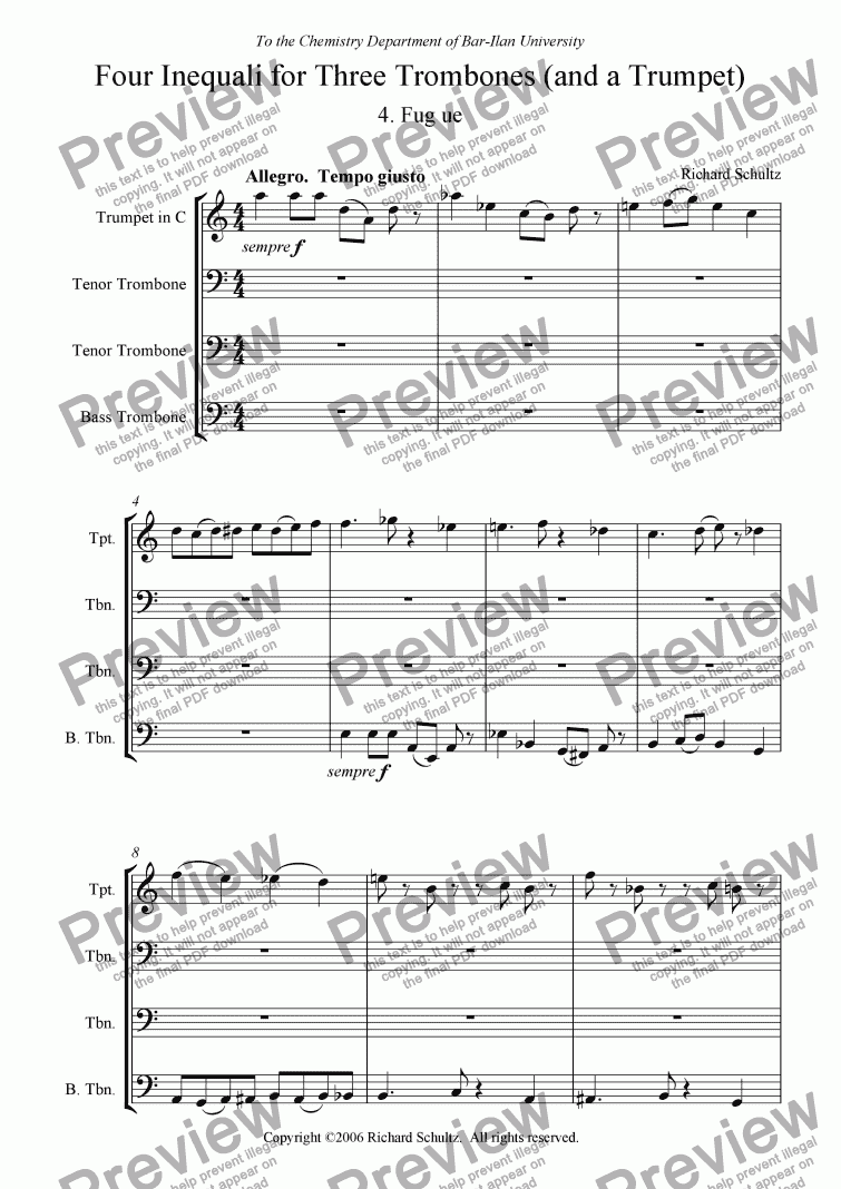 page one of Four Inequali for Three Trombones (and a Trumpet):  IV. Fug ue