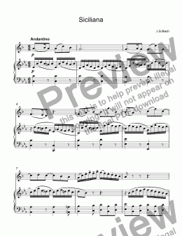 page one of Bach - Siciliana from Sonata BWV 1031, 2nd Movement for trumpet Bb & piano
