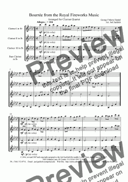 page one of Royal Fireworks Music, Bourrée (Clarinet Quartet)